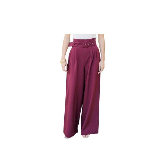 Shop the Mint Burgundy Red Wide Leg Trousers. Paper bag belted waist. Size-S - Picture 1 of 8